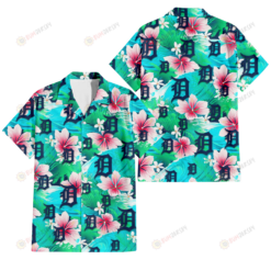 Detroit Tigers Pink Hibiscus Green Leaf Blue Background 3D Hawaiian Shirt