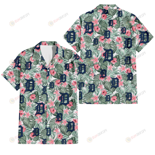 Detroit Tigers Pink Hibiscus Porcelain Flower Tropical Leaf White Background 3D Hawaiian Shirt