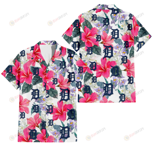 Detroit Tigers Pink Hibiscus White Orchid White Background 3D Hawaiian Shirt