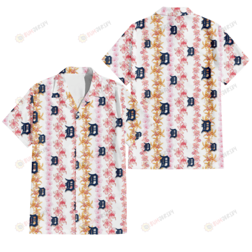 Detroit Tigers Pink Hibiscus Yellow Pink Orchid White Background 3D Hawaiian Shirt