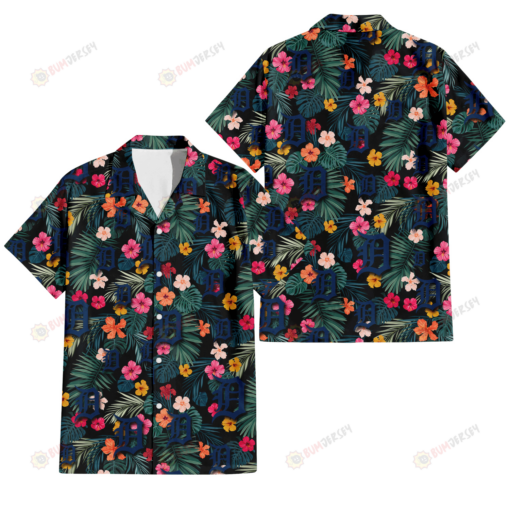 Detroit Tigers Pink Yellow Orange Hibiscus Big Tropical Leaf Black Background 3D Hawaiian Shirt