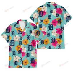 Detroit Tigers Pink Yellow White Hibiscus Turquoise Background 3D Hawaiian Shirt