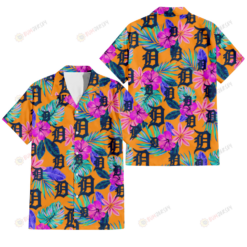Detroit Tigers Purple Hibiscus Neon Leaf Orange Background 3D Hawaiian Shirt