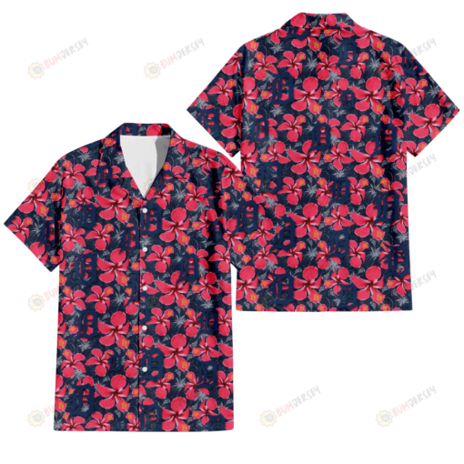 Detroit Tigers Red Hibiscus Dark Gray Background 3D Hawaiian Shirt