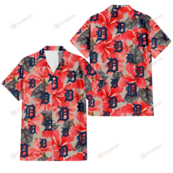 Detroit Tigers Red Hibiscus Gray Leaf Beige Background 3D Hawaiian Shirt
