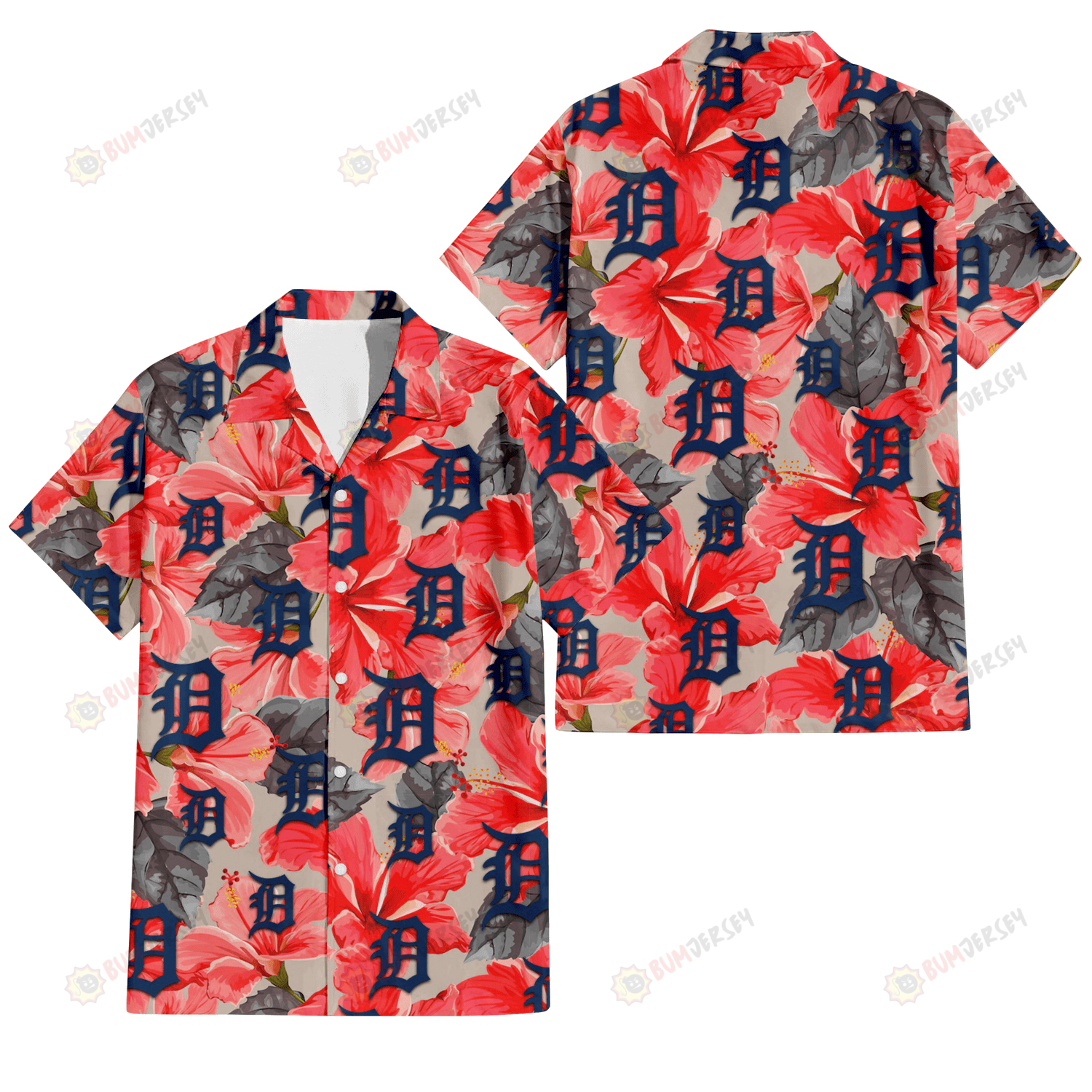 Detroit Tigers Red Hibiscus Gray Leaf Beige Background 3D Hawaiian Shirt