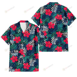 Detroit Tigers Red Hibiscus Green Blue White Leaf Black Background 3D Hawaiian Shirt