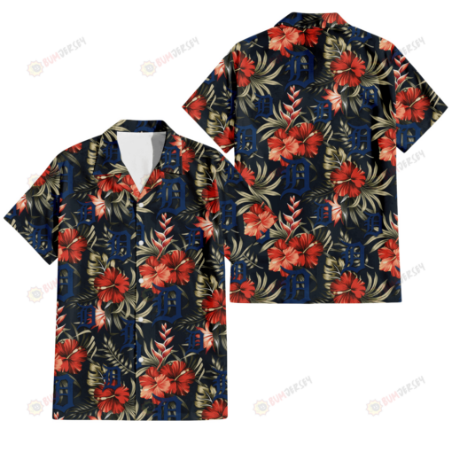 Detroit Tigers Red Hibiscus Green Leaf Dark Background 3D Hawaiian Shirt