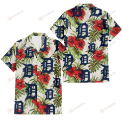Detroit Tigers Red Hibiscus Green Tropical Leaf Cream Background 3D Hawaiian Shirt