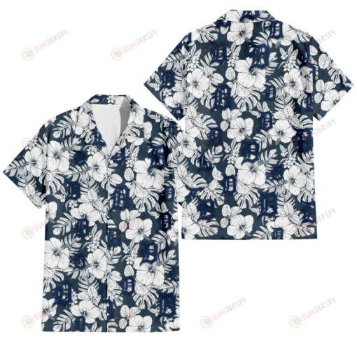 Detroit Tigers Sketch Hibiscus Leaf Dark Gray Background 3D Hawaiian Shirt