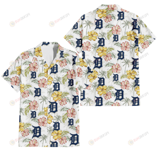 Detroit Tigers Sketch Red Yellow Coconut Tree White Background 3D Hawaiian Shirt