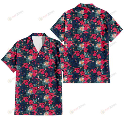 Detroit Tigers Tiny Red Hibiscus White Porcelain Flower Black Background 3D Hawaiian Shirt