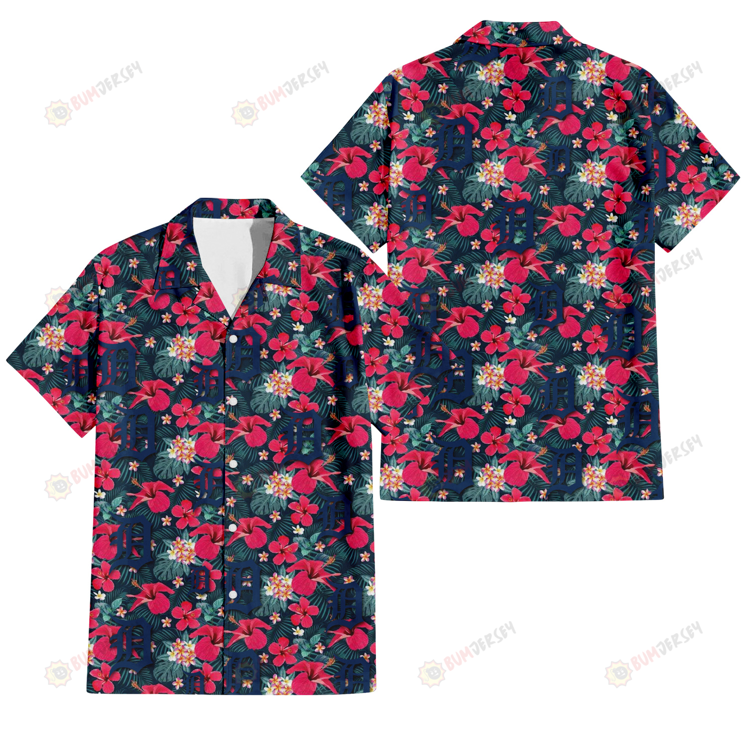 Detroit Tigers Tiny Red Hibiscus White Porcelain Flower Black Background 3D Hawaiian Shirt
