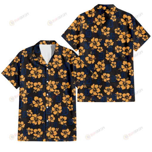 Detroit Tigers Tiny Yellow Hibiscus Black Background 3D Hawaiian Shirt