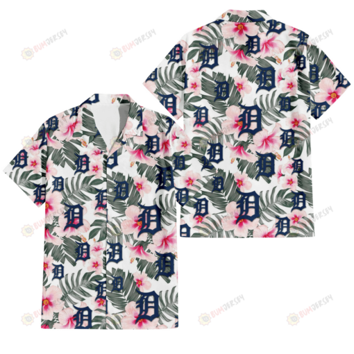 Detroit Tigers White Hibiscus Green Leaf White Background 3D Hawaiian Shirt