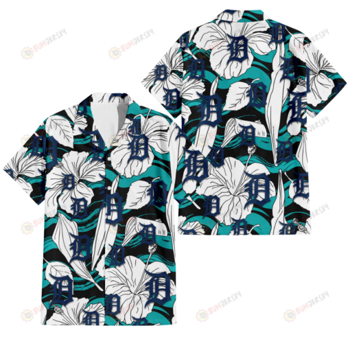 Detroit Tigers White Hibiscus Turquoise Wave Black Background 3D Hawaiian Shirt
