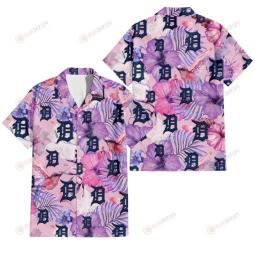 Detroit Tigers White Purple Hibiscus Pink Hummingbird Pink Background 3D Hawaiian Shirt