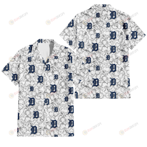 Detroit Tigers White Sketch Hibiscus Pattern White Background 3D Hawaiian Shirt