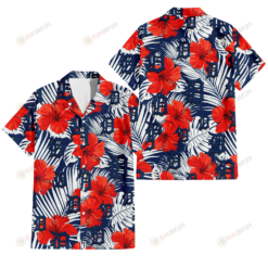 Detroit Tigers White Tropical Leaf Red Hibiscus Navy Background 3D Hawaiian Shirt