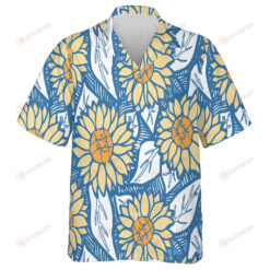 Digital Floral Botanical And Sunflower In Blue White And Orange Hawaiian Shirt