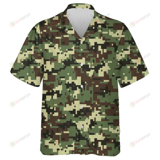 Digital Pixel Dark Green Camouflage Military Textured Hawaiian Shirt