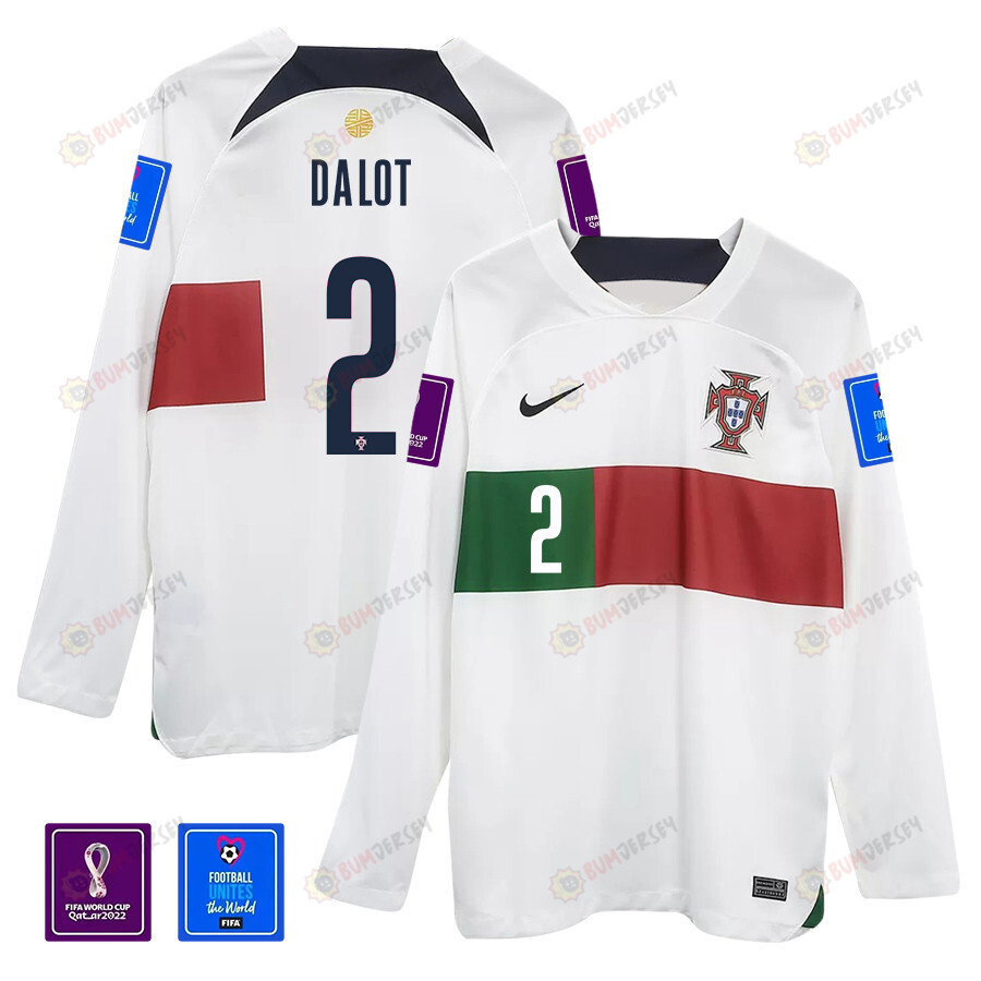 Diogo Dalot 2 Portugal 2022-23 Away Men Long Sleeve Jersey National Team World Cup Qatar Patch