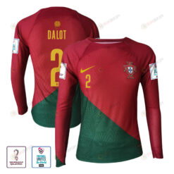 Diogo Dalot 2 Portugal 2022-23 Home Men Long Sleeve Jersey National Team World Cup Qatar Patch