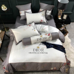 Dior Flower Long-Staple Cotton Bedding Set In White/Grey
