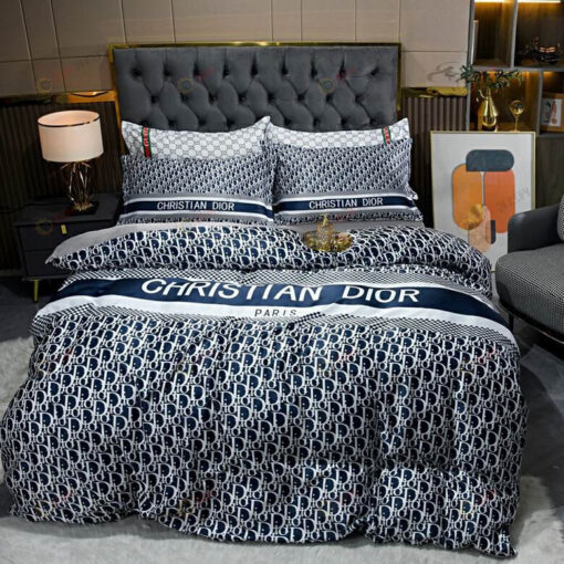 Dior Houndstooth Pattern Washed Silk Bedding Set In Blue