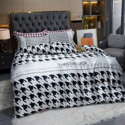 Dior Houndstooth Washed Silk Bedding Set In Black/White