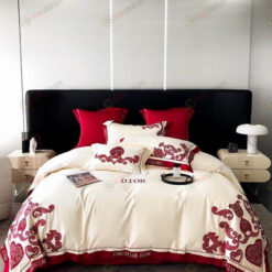Dior Long-Staple Cotton Bedding Set In White/Red