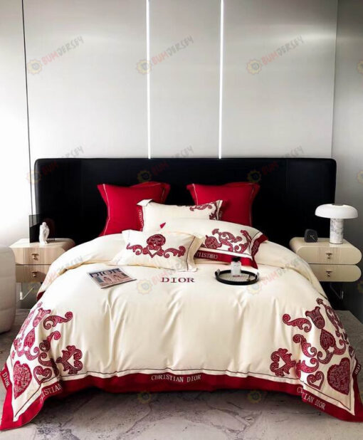 Dior Long-Staple Cotton Bedding Set In White/Red