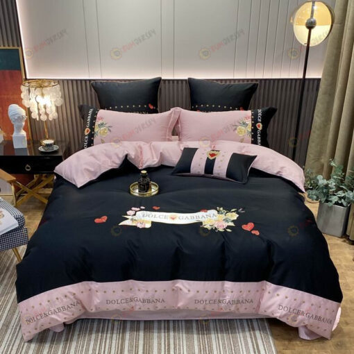 Dolce & Gabbana Logo Satin Cotton Bedding Set In Black/Pink