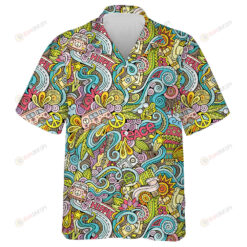 Doodle Color Background With Hippie Art Symbols White Theme Hawaiian Shirt