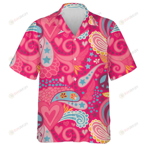 Doodle Hippie Flower Leaves Heart And Polka Dots Pattern In Pink Hawaiian Shirt