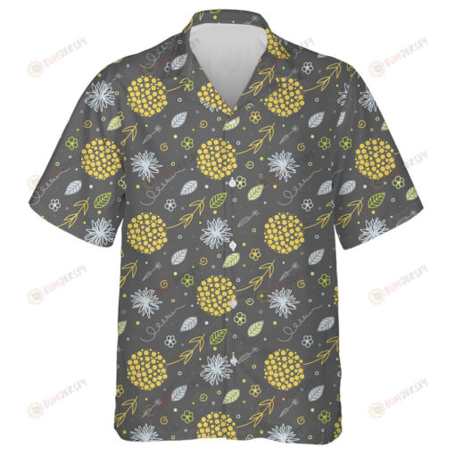 Doodle Style Pattern With Flowers And Leaves In White And Yellow Hawaiian Shirt