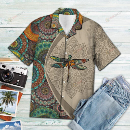 Dragonfly Mandala Hawaiian Shirt In Beige And Multi Color