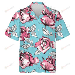 Drawing Pink Rose Buds And Leaves On Light Blue Background Design Hawaiian Shirt