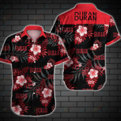 Duran Floral & Leaf Pattern Curved Hawaiian Shirt In Red & Black