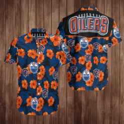 Edmonton Oilers Floral & Leaf Pattern Curved Hawaiian Shirt In Blue & Orange