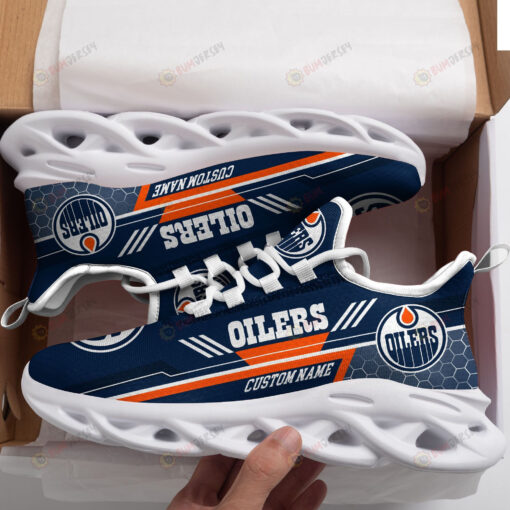 Edmonton Oilers Logo Custom Name Pattern 3D Max Soul Sneaker Shoes In Dark Blue