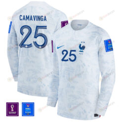 Eduardo Camavinga 25 France National Team FIFA World Cup Qatar 2022 Patch - Away Men Long Sleeve Jersey