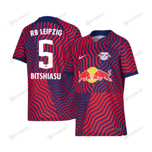 El Chadaille Bitshiabu 5 RB Leipzig 2023-24 Away YOUTH Jersey - Red Blue