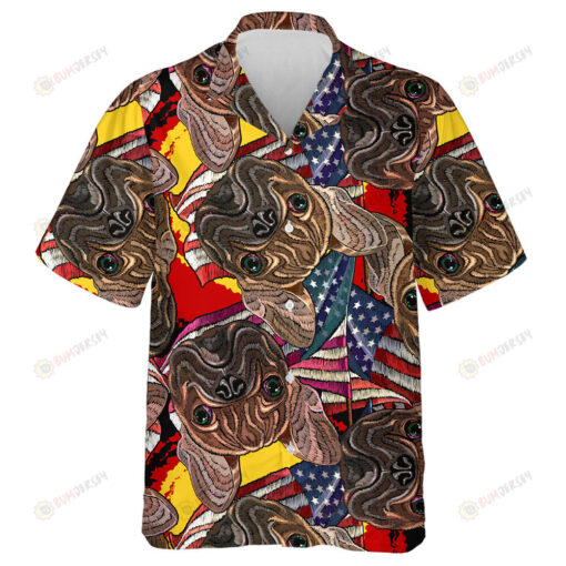 Embroidery Bulldog Face Yellow Sun And Ripped American Flag Hawaiian Shirt