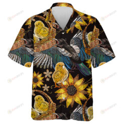 Embroidery Chickens Magpie Birds And Sunflowers In Basket Hawaiian Shirt