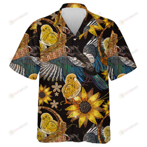 Embroidery Chickens Magpie Birds And Sunflowers In Basket Hawaiian Shirt