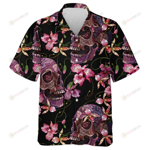 Embroidery Human Skull And Pink Orchid Flowers Hawaiian Shirt