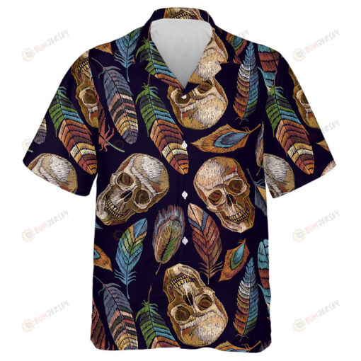 Embroidery Human Skull With Color Feathers Hawaiian Shirt