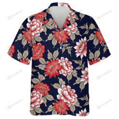 Embroidery Red And Pink Flower Branches On Navy Background Hawaiian Shirt
