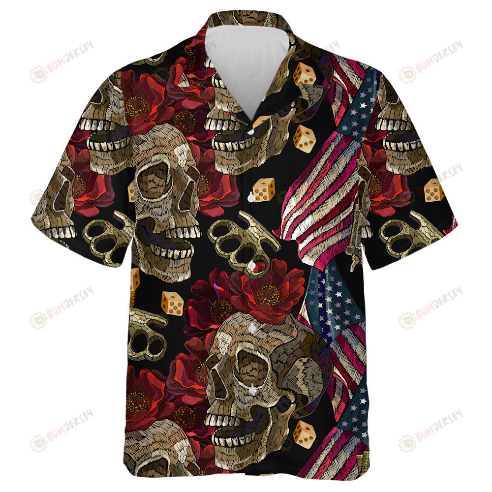 Embroidery Skulls Roses Flowers Brass Knuckles American Flag Hawaiian Shirt